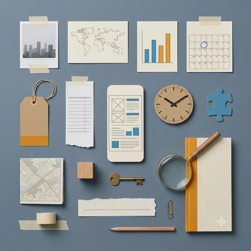 Collage of notes, charts and everyday objects